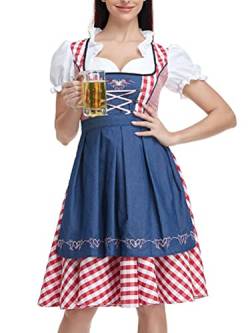 ORANDESIGNE Dirndl Damen midi Trachtenkleid Trachtenmode Trachtenrock Kleid inkl. Dirndlbluse Dirndlschürze 3 teilig für Oktoberfest Besondere Anlässe Grau C Rot XL von ORANDESIGNE