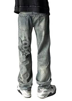 ORANDESIGNE E Blau Baggy Jeans Bedruckt Herren Jeans Men Hip Hop Jeans Baggy Jeanshose Teenager Jungen Bein Jeans Skateboard Hose Streetwear XS von ORANDESIGNE