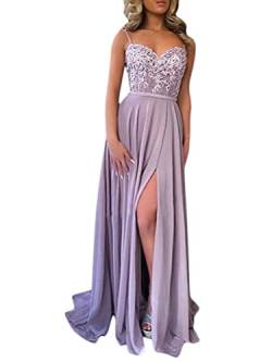 ORANDESIGNE Festliche Kleider Abschlussball Kleider Damen Lang Spitzenkleid A Linie Spaghetti Kleid Cocktailkleid Elegant Brautjungfernkleider Trauzeugin Hochzeit Gast Kleider B Lila L von ORANDESIGNE