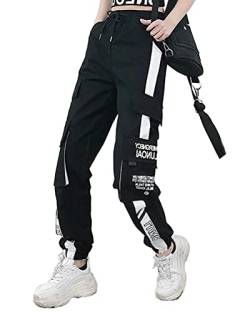 ORANDESIGNE Freizeithosen Damen Cargo Hose Elastic Waist Buckle Ribbon Pocket Jogger High Streetwear Harajuku Hose Punk Ringkette Damenhose H Schwarz XXL von ORANDESIGNE