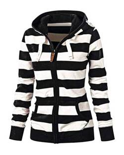 ORANDESIGNE Gestreifte Sweatshirtjacke mit Reißverschluss Jacke Damen Kapuzenjacke Hoodie Sweatshirt Pullover Kapuzenpullover mit Kordel Zip Casual Langarm Top A Schwarz 36 von ORANDESIGNE