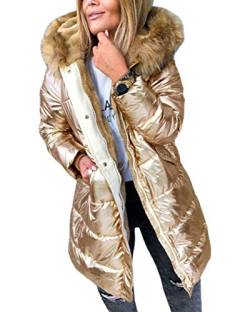 ORANDESIGNE Goldene Metallic Taschen Umlegekragen Langarm Warmer Glänzend Steppjacke Wintermantel Damen Mode XL von ORANDESIGNE