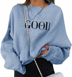 ORANDESIGNE Good Vibes Sweatshirts Für Damen Lange Ärmel Pullover Winter Rundhals Vintage Streetwear Oversized Briefe Drucken Mädchen Sportbekleidung Casual Top Chic Hoodie A Blau XXL von ORANDESIGNE