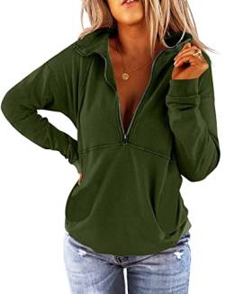 ORANDESIGNE Halber Reißverschluss Pullover Damen Lässiges Langarm Stehkragen Sweatshirt Top 1/4 Zip Oversized Sweatjacke A-Armeegrün M von ORANDESIGNE