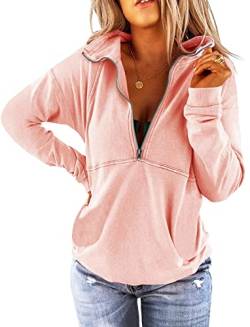 ORANDESIGNE Halber Reißverschluss Pullover Damen Lässiges Langarm Stehkragen Sweatshirt Top 1/4 Zip Oversized Sweatjacke A-rosa S von ORANDESIGNE
