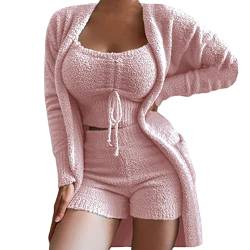 ORANDESIGNE Hausanzug Damen Fleece 3 Teiler Winter Schlafanzug Kurz Set Loungewear Lauschig Plüschjacke + Top + Shorts Pyjamas Anzüg Teddyplüsch Outfits Komplett Bekleidungsset A Rosa 3XL von ORANDESIGNE