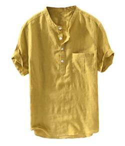 ORANDESIGNE Hemd Herren Leinenhemd Herren Freizeithemd Henley Kurzarm Regular Fit Kragenloses Shirt Kurzarmhemd Jungen Basic Shirt A Gelb XL von ORANDESIGNE