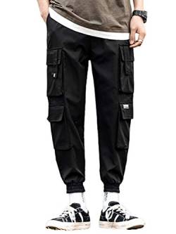 ORANDESIGNE Herren Arbeit Kampf Cargohose mit Taschen Schnalle Riemen Techwear Hose, Herren Arbeit Freizeit Hose, Modisch Elastisch Hose I Schwarz S von ORANDESIGNE