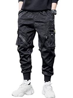 ORANDESIGNE Herren Arbeit Kampf Cargohose mit Taschen Schnalle Riemen Techwear Hose Herren Arbeit Freizeit Hose Modisch Elastisch Hose C Tarnung XS von ORANDESIGNE