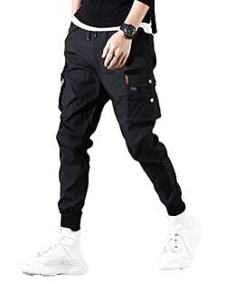 ORANDESIGNE Herren Arbeit Kampf Cargohose mit Taschen Schnalle Riemen Techwear Hose Herren Arbeit Freizeit Hose Modisch Elastisch Hose L Schwarz L von ORANDESIGNE