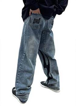ORANDESIGNE Herren Baggy Bedruckte Jeans Hip Hop Teenager Junge Streetwear Skateboard Y2K Hose Vintage bestickte Buchstaben Jeans B Blau XS von ORANDESIGNE