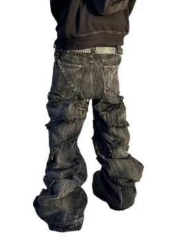 ORANDESIGNE Herren Baggy Jeans Y2K Jeanshose Vintage Bedruckt Denim Hosen Men Hip Hop Streetwear Hose Teenager Jungen Straight Leg Skateboard Jeans K Schwarz XS von ORANDESIGNE
