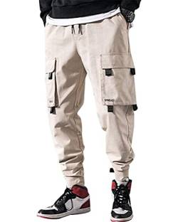 ORANDESIGNE Herren Cargohose Arbeit Kampf Techwear Hose Hip Hop Mehrere Taschen Tapered Hosen Schnalle Riemen Jogginghose Sweatpants G Khaki L von ORANDESIGNE