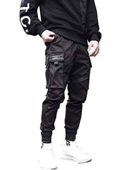 ORANDESIGNE Herren Cargohose Arbeit Kampf Techwear Hose Hip Hop Mehrere Taschen Tapered Hosen Schnalle Riemen Jogginghose Sweatpants Schwarz L von ORANDESIGNE