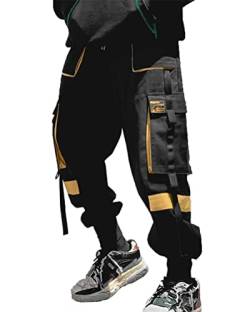 ORANDESIGNE Herren Cargohose Arbeit Kampfhosen Techwear Hose mit Taschen Jogginghose Hip Hop Jogger Hosen Punkhose mit Mehreren Taschen K Schwarz Gelb XXL von ORANDESIGNE