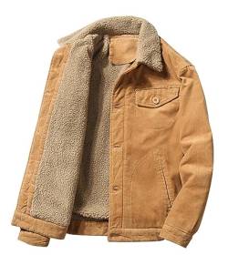 ORANDESIGNE Herren Fleece Jeansjacke Gefütterte Cordjacke Warme Übergangsjacke Winter Cargo Jacke mit Teddyfell-Kragen Sherpa Trucker Retro Revers Wintermantel D Khaki M von ORANDESIGNE