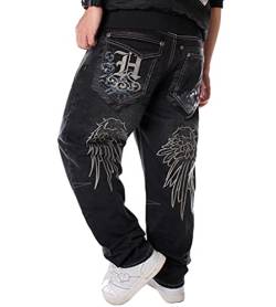 ORANDESIGNE Herren Hip Hop Baggy Jeans Vintage Graffiti Drucken Stickerei Denim Jeanshose Hip Hop Straßentanz Hosen Loose Fit Teenager Jungen Skateboard Hose Cargohosen H Schwarz 3XL von ORANDESIGNE