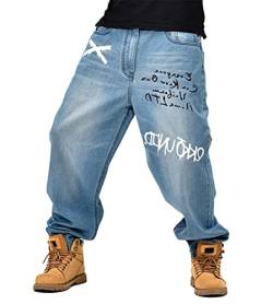 ORANDESIGNE Herren Hip Hop Baggy Jeans Vintage Graffiti Drucken Stickerei Denim Jeanshose Hip Hop Straßentanz Hosen Teenager Jungen Skateboard Hose Cargohosen W Dunkelblau XS von ORANDESIGNE