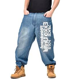ORANDESIGNE Herren Hip Hop Baggy Jeans Vintage Graffiti Drucken Stickerei Denim Jeanshose Hip Hop Straßentanz Hosen Teenager Jungen Skateboard Hose Cargohosen X Hellblau L von ORANDESIGNE