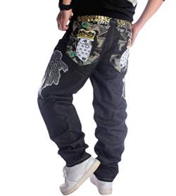 ORANDESIGNE Herren Hip Hop Baggy Jeans Vintage Graffiti Drucken Stickerei Denim Jeanshose Hip Hop Straßentanz Hosen Teenager Jungen Skateboard Hose Cargohosen ZD Schwarz M von ORANDESIGNE