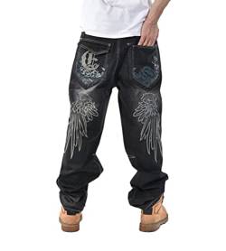 ORANDESIGNE Herren Hip Hop Baggy Jeans Vintage Graffiti Drucken Stickerei Denim Jeanshose Hip Hop Straßentanz Hosen Teenager Jungen Skateboard Hose Cargohosen ZF Schwarz XS von ORANDESIGNE