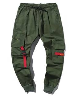 ORANDESIGNE Herren Hip Hop Cargo Hosen Männer Streetwear Techwear Hosen Harajuku Bänder Multi-Taschen Casual Techwear Freizeit Hose I Grün L von ORANDESIGNE