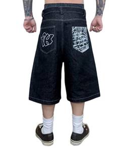 ORANDESIGNE Herren Hip Hop Denim Shorts Baggy Bermuda Shorts Vintage Drucken Stickerei Denim Jeanshorts Straßentanz Hosen Teenager Jungen Skateboard Hose Cargoshorts B Schwarz L von ORANDESIGNE