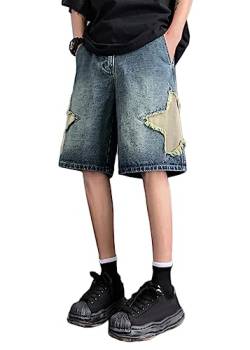 ORANDESIGNE Herren Hip Hop Denim Shorts Männer Baggy Patchwork Drucken Jeans Frauen Hoch Tailliert Bermuda Shorts Vintage Gerade Hosen Streetwear Jeans Straßentanz Skateboard Cargoshorts D Blau L von ORANDESIGNE