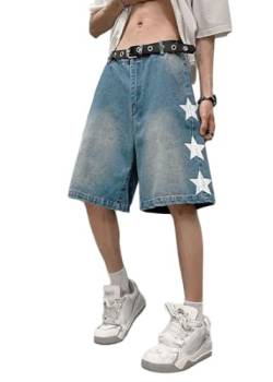 ORANDESIGNE Herren Hip Hop Denim Shorts Männer Baggy Patchwork Drucken Jeans Frauen Hoch Tailliert Bermuda Shorts Vintage Gerade Hosen Streetwear Jeans Straßentanz Skateboard Cargoshorts E Blau M von ORANDESIGNE