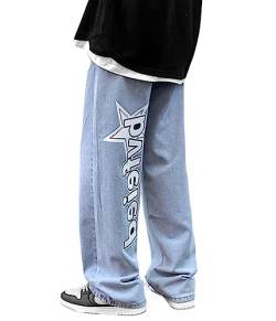 ORANDESIGNE Herren Hip Hop Jeans Baggy Jeans Straight Leg Gewaschen Jeanshose Casual Denim Hosen Vintage Bedruckte Jeans Teenager Jungen Skateboard Hose Streetwear ZI Blau 3XL von ORANDESIGNE