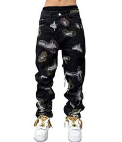 ORANDESIGNE Herren Hip Hop Jeans Baggy Jeans Straight Leg Gewaschen Jeanshose Casual Denim Hosen Vintage Bedruckte Jeans Teenager Jungen Skateboard Hose Streetwear ZN Schwarz L von ORANDESIGNE