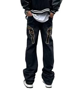 ORANDESIGNE Herren Hip Hop Jeans Baggy Straight Leg Gewaschen Jeanshose Casual Denim Hosen Vintage Bedruckte Jeans Teenager Jungen Skateboard Hose Streetwear V Schwarz M von ORANDESIGNE
