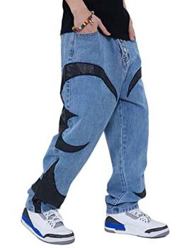 ORANDESIGNE Herren Jeans Baggy Jeans Bedruckt Hip Hop Jeanshose Straight Leg Casual Vintage Denim Hosen Y2K Jeans Teenager Hose Bedruckte Jeans Streetwear Cargohosen M Blau XL von ORANDESIGNE