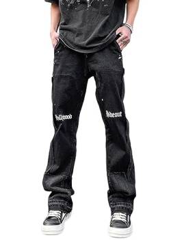 ORANDESIGNE Herren Jeans Baggy Jeans Hip Hop Straight Leg Gewaschen Jeanshose Casual Denim Hosen Vintage Bedruckte Jeans Teenager Skateboard Hose Streetwear Q Schwarz S von ORANDESIGNE