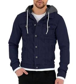 ORANDESIGNE Herren Jeansjacke mit Kapuze Sweatjacke Denim Vintage Jeans-Jacke für Männer Denim Weste Slim-Fit Freizeit Hoodie Übergangsjacke A Marine XXL von ORANDESIGNE