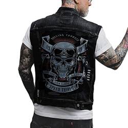 ORANDESIGNE Herren Jeansweste Denim Weste Totenkopf Drucken Mode Freizeit Jeansmantel Vintage Punk Graffiti Drucken Ärmellos Oberbekleidung mit Knöpfen C Schwarz XXL von ORANDESIGNE