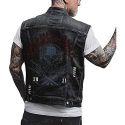 ORANDESIGNE Herren Jeansweste Denim Weste Totenkopf Drucken Mode Freizeit Jeansmantel Vintage Punk Graffiti Drucken Ärmellos Oberbekleidung mit Knöpfen D Schwarz XXL von ORANDESIGNE