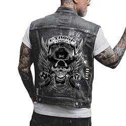 ORANDESIGNE Herren Jeansweste Denim Weste Totenkopf Drucken Mode Freizeit Jeansmantel Vintage Punk Graffiti Drucken Ärmellos Oberbekleidung mit Knöpfen J Schwarz M von ORANDESIGNE