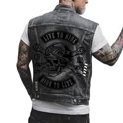 ORANDESIGNE Herren Jeansweste Denim Weste Totenkopf Drucken Mode Freizeit Jeansmantel Vintage Punk Graffiti Drucken Ärmellos Oberbekleidung mit Knöpfen K Schwarz L von ORANDESIGNE