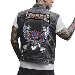 ORANDESIGNE Herren Jeansweste Denim Weste Totenkopf Drucken Mode Freizeit Jeansmantel Vintage Punk Graffiti Drucken Ärmellos Oberbekleidung mit Knöpfen S Schwarz L von ORANDESIGNE