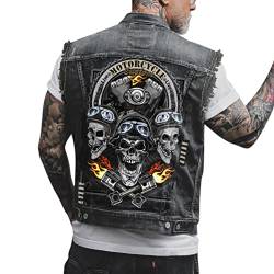 ORANDESIGNE Herren Jeansweste Denim Weste Totenkopf Drucken Mode Freizeit Jeansmantel Vintage Punk Graffiti Drucken Ärmellos Oberbekleidung mit Knöpfen U Schwarz XXL von ORANDESIGNE