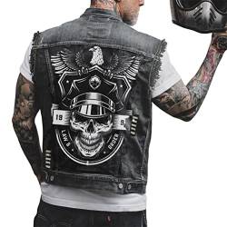 ORANDESIGNE Herren Jeansweste Denim Weste Totenkopf Drucken Mode Freizeit Jeansmantel Vintage Punk Graffiti Drucken Ärmellos Oberbekleidung mit Knöpfen ZF Schwarz M von ORANDESIGNE