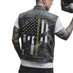 ORANDESIGNE Herren Jeansweste Denim Weste Totenkopf Drucken Mode Freizeit Jeansmantel Vintage Punk Graffiti Drucken Ärmellos Oberbekleidung mit Knöpfen ZH Schwarz L von ORANDESIGNE