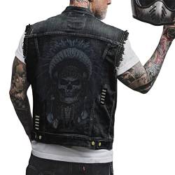 ORANDESIGNE Herren Jeansweste Denim Weste Totenkopf Drucken Mode Freizeit Jeansmantel Vintage Punk Graffiti Drucken Ärmellos Oberbekleidung mit Knöpfen ZK Schwarz L von ORANDESIGNE