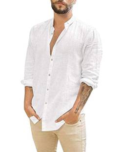 ORANDESIGNE Herren Leinenhemd Langarm Hemd Slim Fit Freizeithemd Stehkragen Shirts Button-down Sommerhemd Weiß M von ORANDESIGNE
