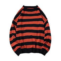 ORANDESIGNE Herren Oversize Gestreifter Strickpullover Autumn Winter Lässiger Rot Schwarz Rundhals Langarm Patchwork Pullover Unisex Männer Frauen Pulli Adolescent Harajuku Gestrickte Oberteile A L von ORANDESIGNE