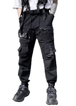 ORANDESIGNE Herren Schwarz Cargohose Arbeit Kampf Techwear Hose mit Taschen Jogginghose Hip Hop Jogger Hosen I Schwarz XL von ORANDESIGNE