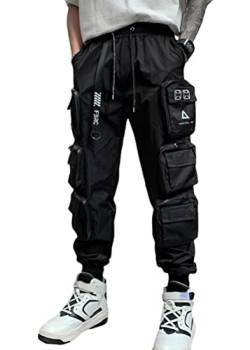 ORANDESIGNE Herren Schwarz Cargohose Arbeit Kampf Techwear Hose mit Taschen Jogginghose Hip Hop Jogger Hosen X Schwarz XL von ORANDESIGNE