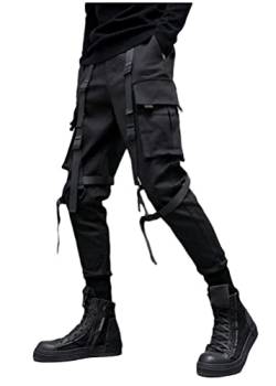 ORANDESIGNE Herren Schwarz Techwear Hose Hip Hop Hose Arbeit Kampf Cargohose Mehrere Taschen Tapered Hosen Schnalle Riemen Jogginghose Punk Hose ZD Schwarz L von ORANDESIGNE