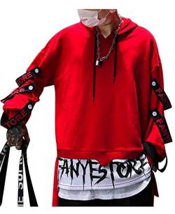 ORANDESIGNE Herren Techwear Japanischer Harajuku Kapuzenpullover Hip Hop Streetwear Urban Hoodie G Rot S von ORANDESIGNE